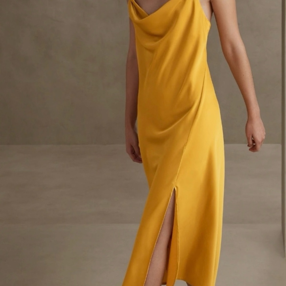 BR Women sleeveless adjustable straps satin Dark Yellow Dress Size petite small